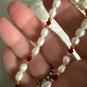 Vintage Pearl and Red Bead Bracelet with Gold Accents